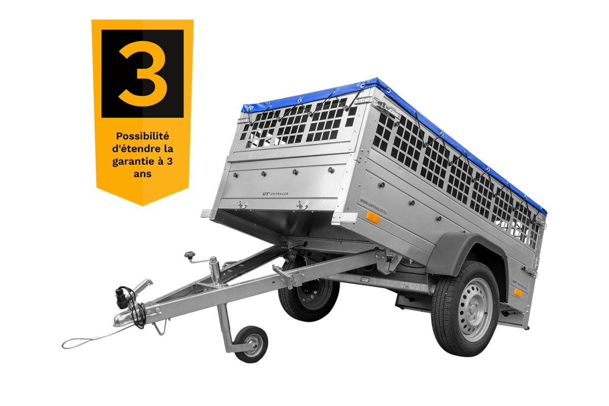 200×106 Gitteranhänger mit blauer Flachplane, Gitterwänden und Stützrad – Garden Trailer 200 KIPP